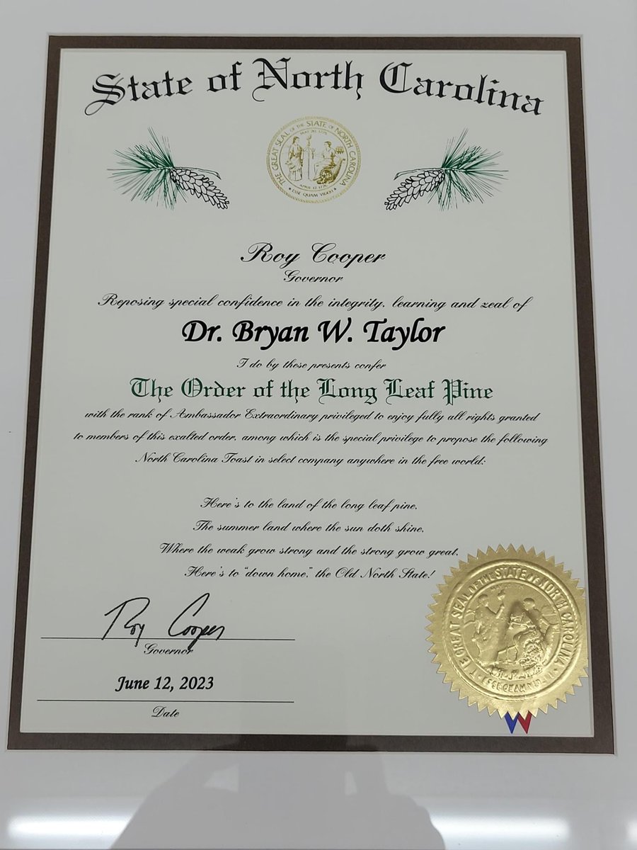 Congratulations to Dr. Bryan Taylor for being awarded The Order of the Long Leaf Pine !