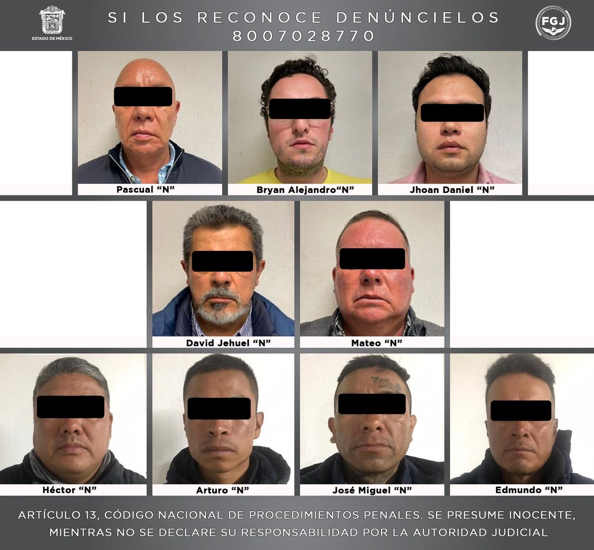 FiscaliaEdomex's tweet photo. #Resultados. La @SSPCMexico a través de la Comisión Nacional Antihomicidio #CONAHO, en colaboración con @SEDENAmx, @GN_MEXICO_, #FiscalíaEdoMéx y @SS_Edomex cumplimentan orden de aprehensión contra 9 investigados por homicidio de nueve personas. (1/2) https://t.co/EXTI1y7nA0 https://t.co/8AKLmfBxDr