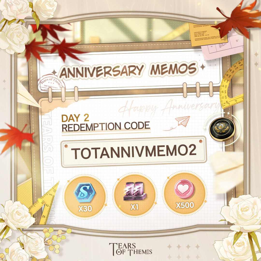 TearsofThemisEN's tweet photo. Redemption Code Rewards - Day 2

The 2nd gift is hidden on campus. What do you think he was like as a student?

�� RC: TOTANNIVMEMO2
✦ Valid until: 2023/8/3 04:00 (UTC+9)
✦ Redeem at: https://t.co/LBgQR6IRqu

#TearsOfThemis https://t.co/2ErHEaq4ZE