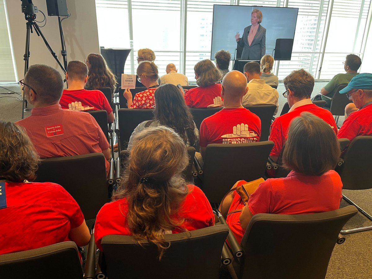 Guild members showed up in red at the all company meeting today to demand answers and confront management to tell them we know what they're doing to our colleagues in the sports department is nothing more than union busting. It will not work! #1U