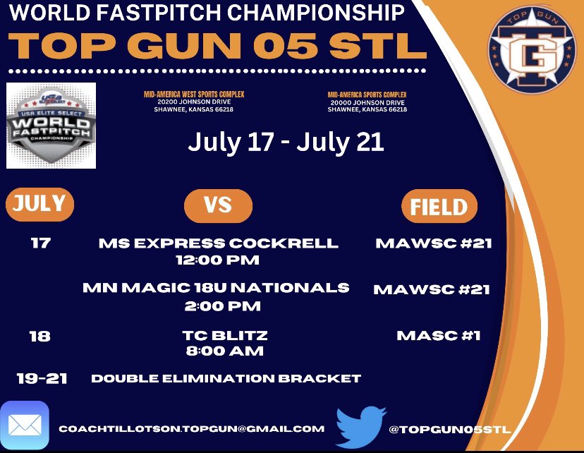 Maddie Guevara (@guevara_maddie) on Twitter photo Here is our schedule for next week at the World Fastpitch Championships in Kansas City! Can’t wait to hit the field!
<a href="/TopGun05STL/">Top Gun 05 STL</a> @WashMoBlueJays Here is our schedule for next week at the World Fastpitch Championships in Kansas City! Can’t wait to hit the field!
<a href="/TopGun05STL/">Top Gun 05 STL</a> @WashMoBlueJays