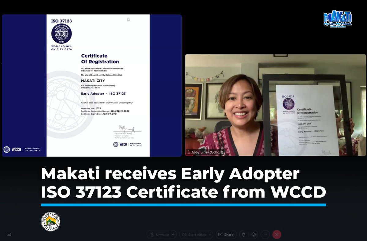 My_Makati's tweet photo. Mayor Abby Binay today received the World Council on City Data (WCCD) ISO 37123 Early Adopter Resilient City Certification during virtual ceremonial awarding. https://t.co/nEADVh4zCO