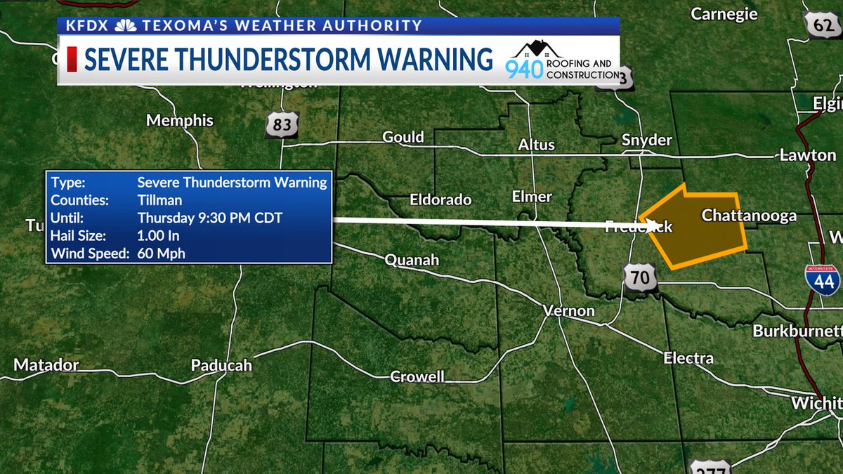 A Severe Thunderstorm Warning has been issued for portions of Texoma. Details are in the box on the left side of the image. Live radar: bit.ly/texomawx