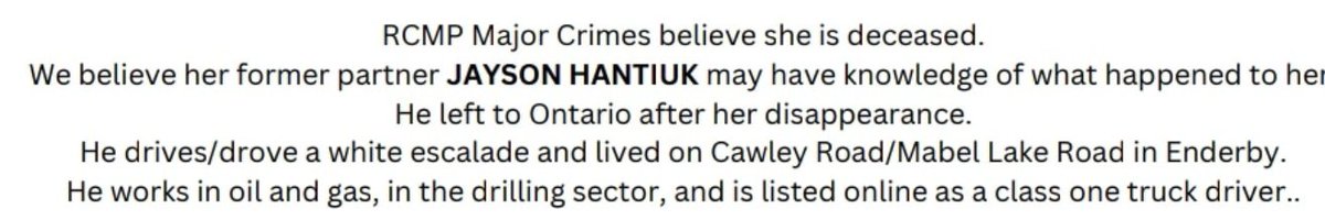 Anishinaabeotch's tweet photo. TW #MMIW 

"RCMP believe Caitlin Potts is deceased

Ex, #oilandgas worker, Jayson Hantiuk, of #Enderby #BC, likely knows of her disappearance

Jayson Hantiuk left #Ontario after her disappearance

Class 1 holder owns a white Escalade &amp; lived on Cawley Rd #MableLake Rd #BC #Canada https://t.co/etCTJvMsFl