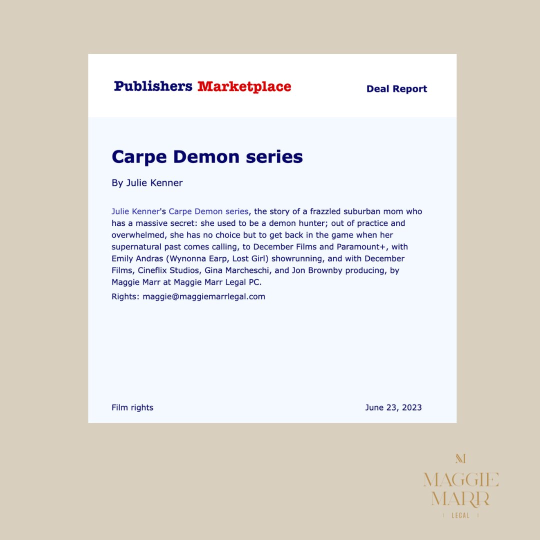 Congratulations @JulieKenner for this amazing and well deserved deal! This is so exciting. We can't wait to see this one on screen!

#JulieKenner #CarpeDemon #PublishersMarketplace #BooksToFilm #GreatBooksMakeGreatMovies #AmazingClients #Paramount #Author