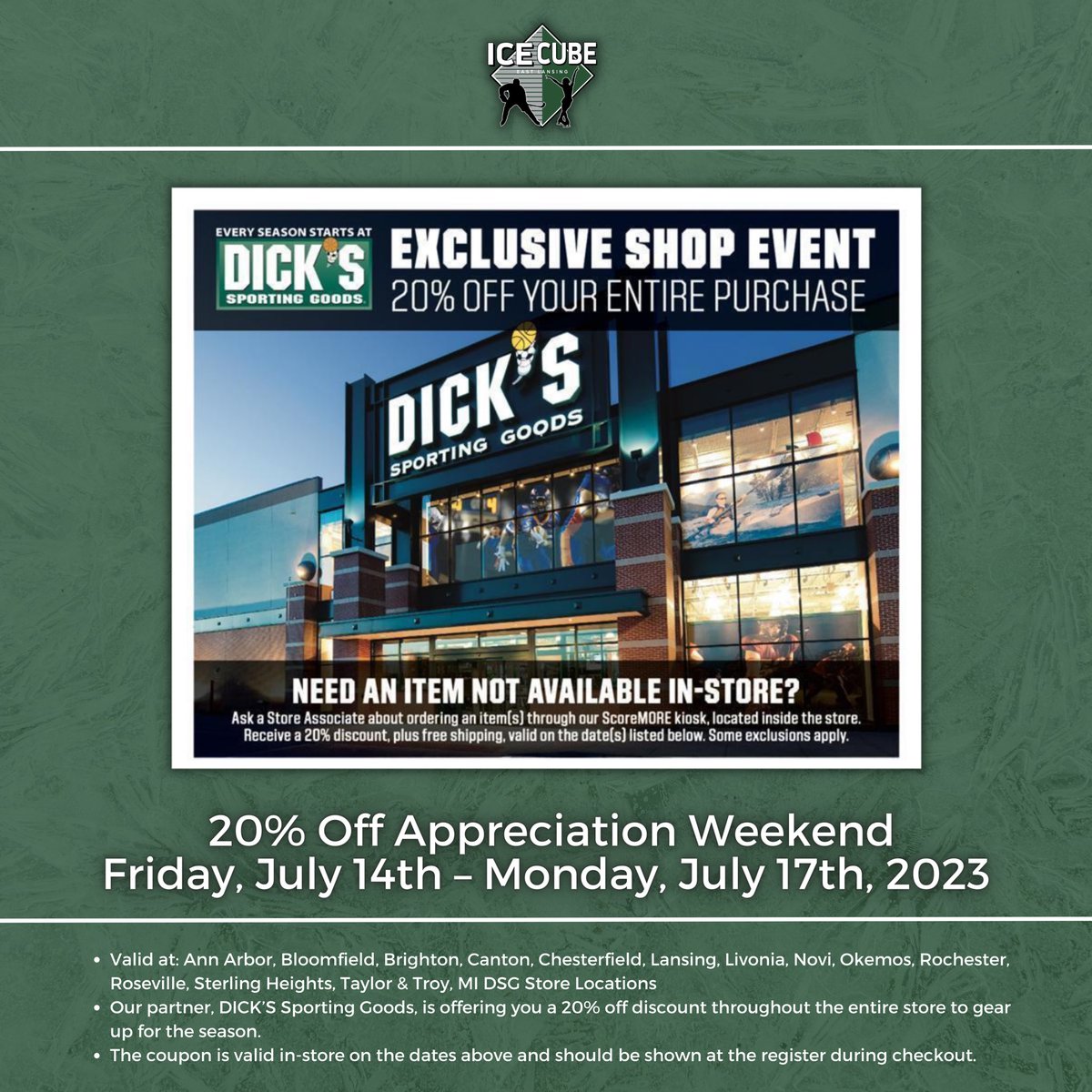 🚨Join us at DICK'S Sporting Goods this weekend for East Lansing Ice Cube Appreciation Weekend! 🚨

🔗For more information and to access the coupon see the link below! #EastLansingIceCube #eastlansing #eastlansingmichigan 

cmm.dickssportinggoods.com/crmcdn/getoffe…