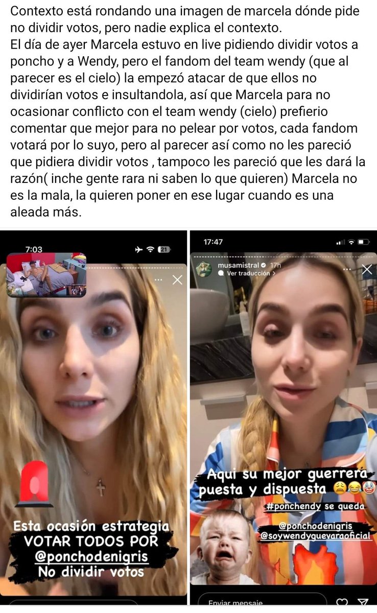 Juliocestds's tweet photo. @noticiaswendy El contexto del por qué la esposa de poncho pide votos solo para el, es por todo en fandom tóxico de Wendy que lo único que hacen es perjudicarla https://t.co/z5Meh25f6r