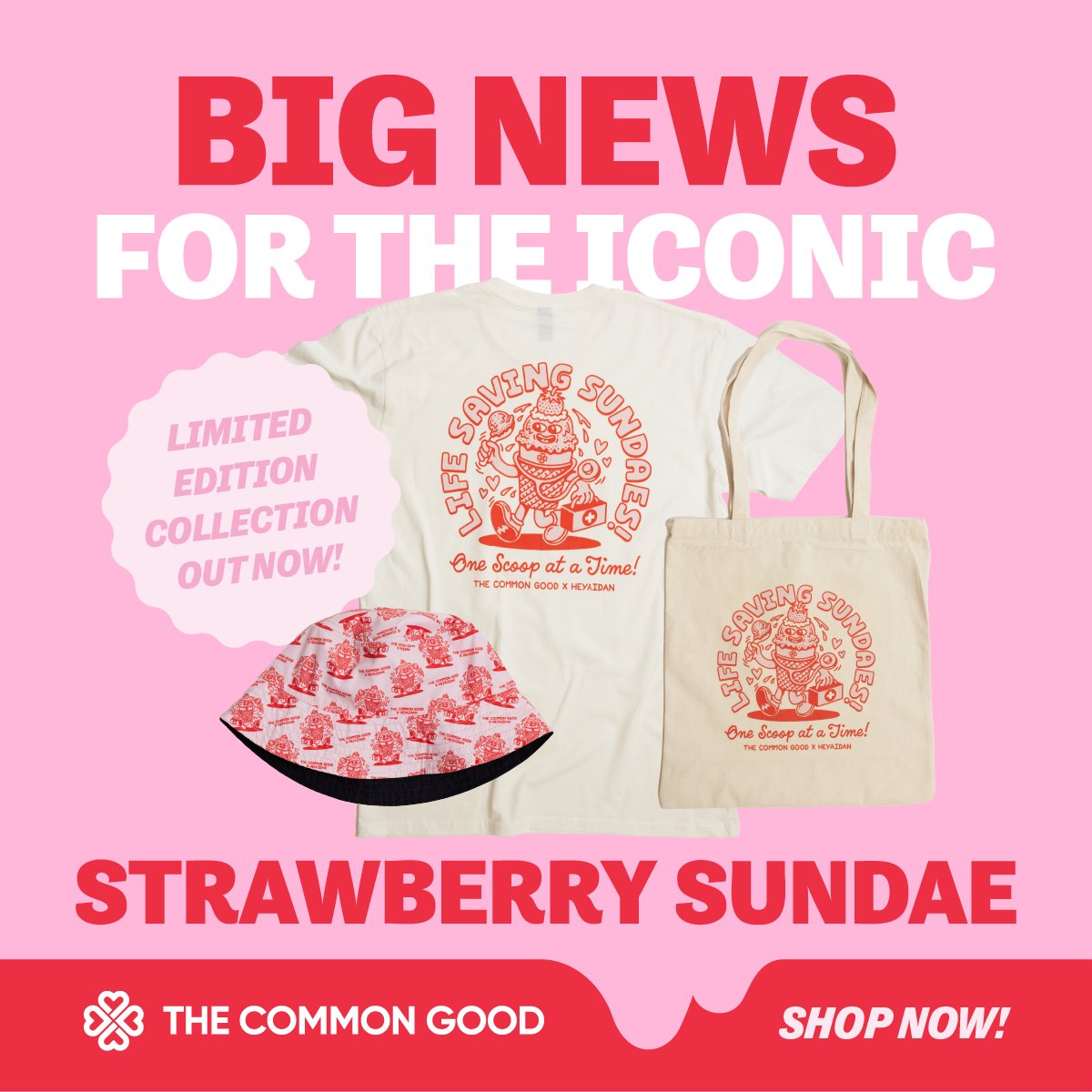 New look for our #lifesavingsundaes 🍦👕🛍 Head to our new online store to grab limited edition shirts, totes and hats celebrating the life-saving impact of the humble strawberry sundae 🔗 shop.thecommongood.org.au