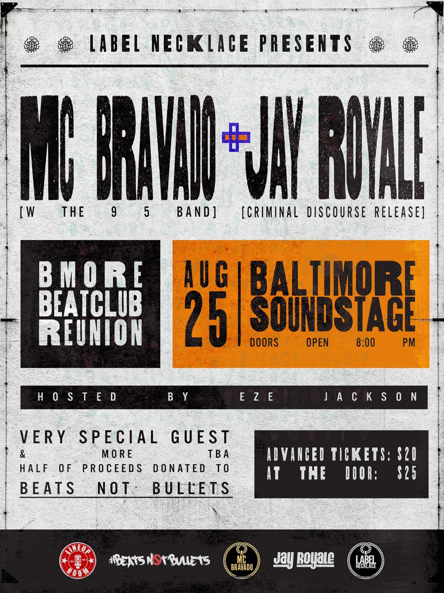 Mannnnn…This will be special. I’ve played A LOT of shoes there, but this is the first time I’m CO-HEADLINING <a href="/BmoreSoundstage/">Baltimore Soundstage</a> , along with Jay Royale 🎙️🔥 AND this is for a GREAT CAUSE because half of proceeds are being donated to Beats Not Bullets. 

This is the first time I’m
