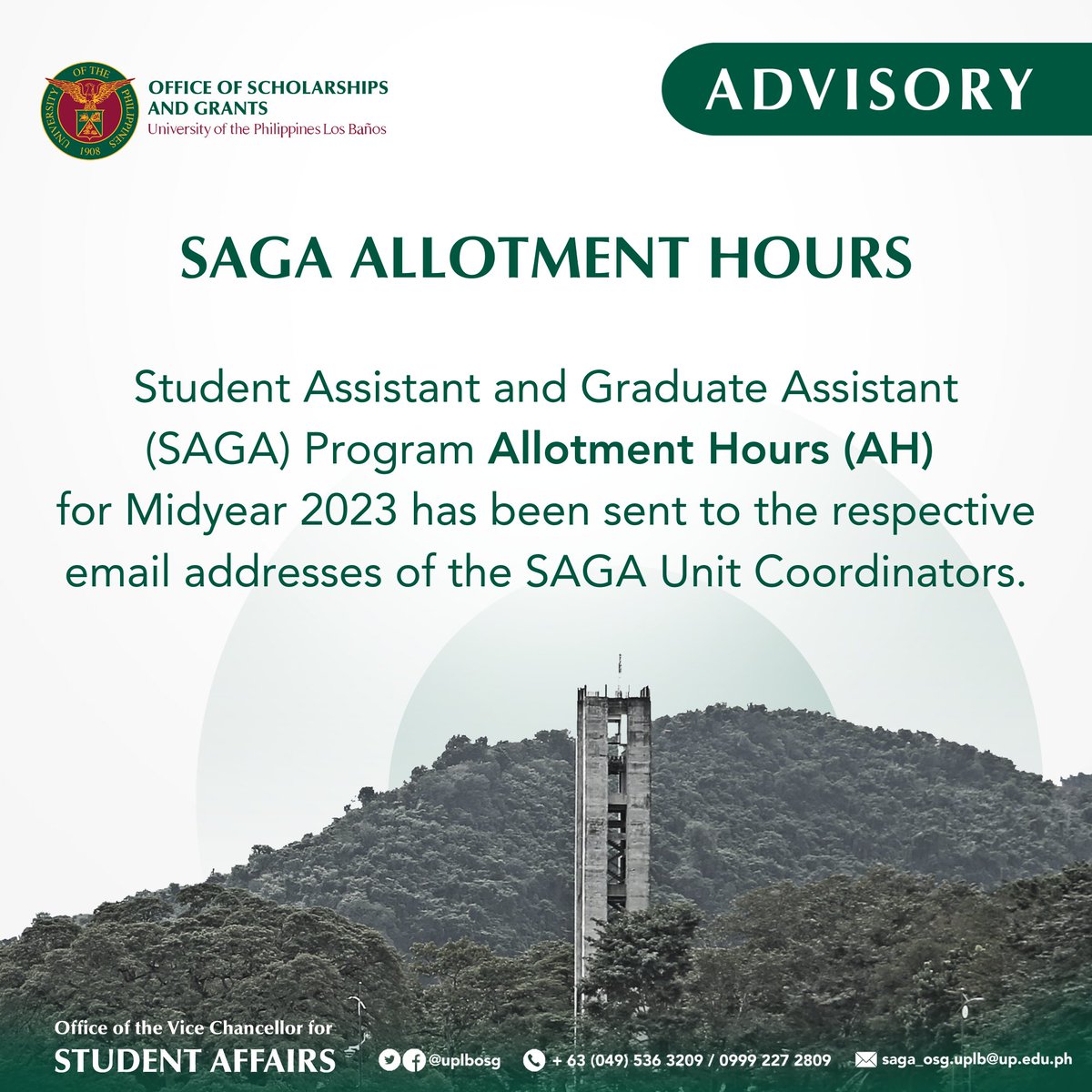 uplbosg's tweet photo. 𝐓𝐎 𝐀𝐋𝐋 𝐒𝐀𝐆𝐀 𝐔𝐍𝐈𝐓 𝐂𝐎𝐎𝐑𝐃𝐈𝐍𝐀𝐓𝐎𝐑𝐒 

The Student Assistant and Graduate Assistant (SAGA) Program 𝗔𝗹𝗹𝗼𝘁𝗺𝗲𝗻𝘁 𝗛𝗼𝘂𝗿𝘀 (𝗔𝗛) for Midyear 2023 has been sent to your email addresses. 

#OSG #saga https://t.co/vtkHcaCAg8