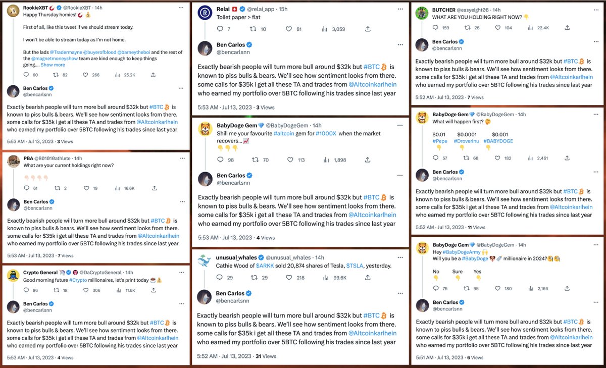 conspirator0's tweet photo. Another day, another Twitter Blue verified account spamming identical replies - specifically @bencarlsnn (permanent ID 2918448696). You probably won't be surprised to learn that this account is cryptocurrency-themed. #RocketToTheTop
cc: @ZellaQuixote https://t.co/4hDtecjwdd