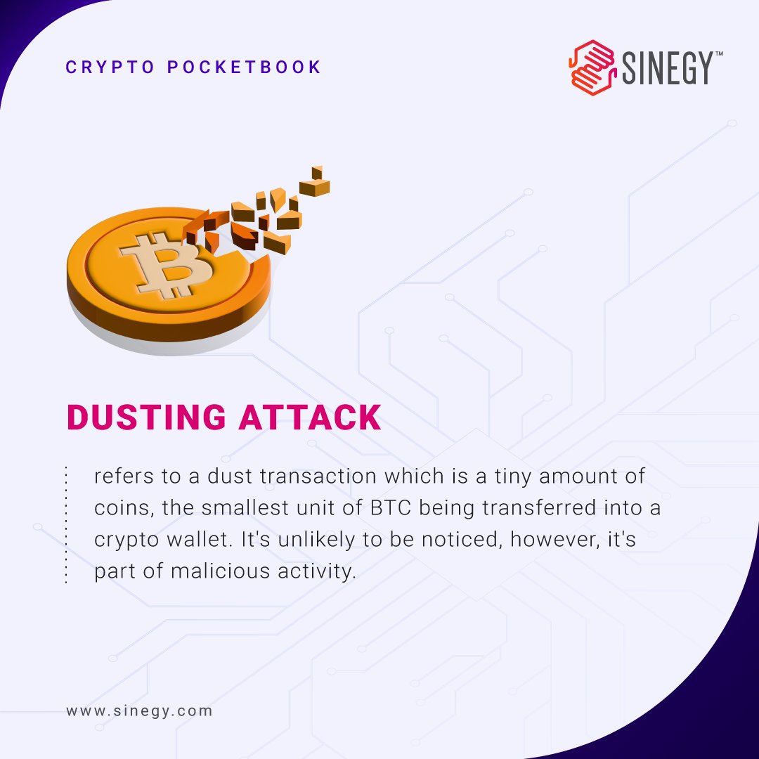 SinegyMY's tweet photo. Talk Crypto! #CryptoPocketbook
Beware the Dusting Attack! 💨✋🔒 Cybercriminals attempt to infiltrate your cryptocurrency wallet by sending small amounts of 'dust' | #dustingattack
#sinegy #cryptocurrency #malaysia #CryptoTwitter #CryptoTraders #cryptoterm #blockchain #dusting https://t.co/yj43wDosVb