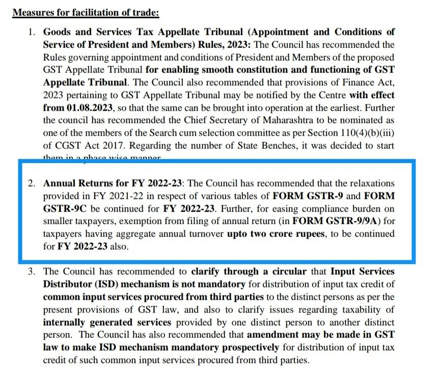 AbhasHalakhandi's tweet photo. GSTR-9/GSTR-9C Turnover Limit for FY 2022-23!!

GSTR-9 exempt for Turnover(ATTO) upto 2 Cr
- GST Council 50th Meeting Press Release (Notification will be issued in due course)

GSTR-9C to be filed ONLY if Turnover(ATTO) exceeds 5 Cr
-Rule 80(3) as substituted w.e.f 1st Aug 2021 https://t.co/cohtRa3XiL