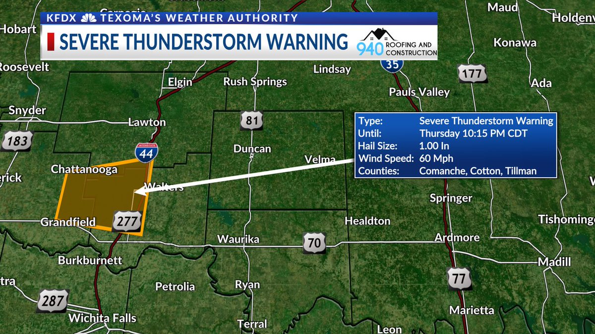A Severe Thunderstorm Warning has been issued for portions of Texoma. Details are in the box on the right side of the image. Live radar: bit.ly/texomawx