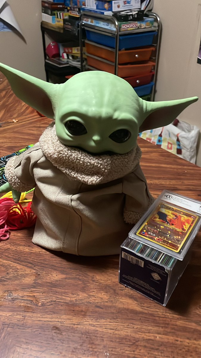 So update on my life if anyone cares. I miss Pokémon cards. But I’ve become a Star Wars fan. I bought a wedding ring that has Vaders light saber on it. My son scored a Grogu doll and I wanted it so I traded my NM base set 2 Charizard. Lets go.