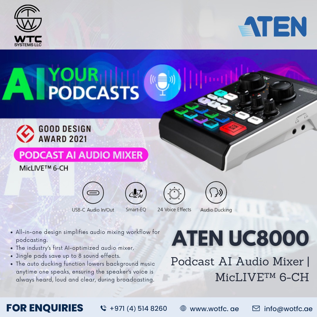 WTC_SYSTEMS_LLC's tweet photo. ATEN
UC8000 Podcast AI Audio Mixer | MicLIVE™ 6-CH
For Enquiries call +971 (4) 514 8260
For Demo:- https://t.co/4qjEHZmHXc
https://t.co/CaB9QhkyDn
info@wotfc.ae
#wtc #wtcsystems #wtcdistribution #ATEN #UC8000 #radio #station #audio #podcast #hybridwork #technology #youtuber https://t.co/478ete7zoy