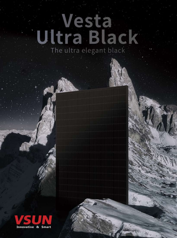 vsun_solar's tweet photo. The high-efficiency and reliable solar module, Vesta Ultra Black is now launched! Combined with TOPCon solar cell technology and MBB technology with circular ribbons, Vesta Ultra Black defines superior aesthetics and creates elegant rooftops. Beyond Imagination!#VSUN #ultrablack https://t.co/fn4N3qI6jO