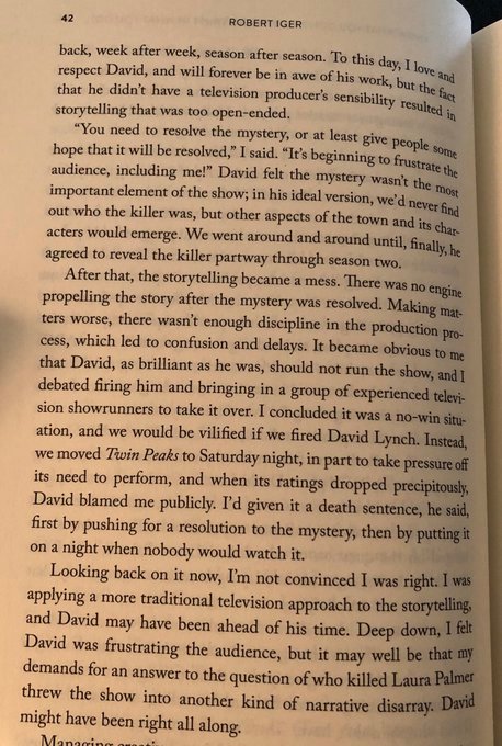 Reminder that Bob Iger pushed David Lynch to reveal Laura Palmer's killer too quickly, completely derailing TWIN PEAKS ratings. 'David might have been right all along.'