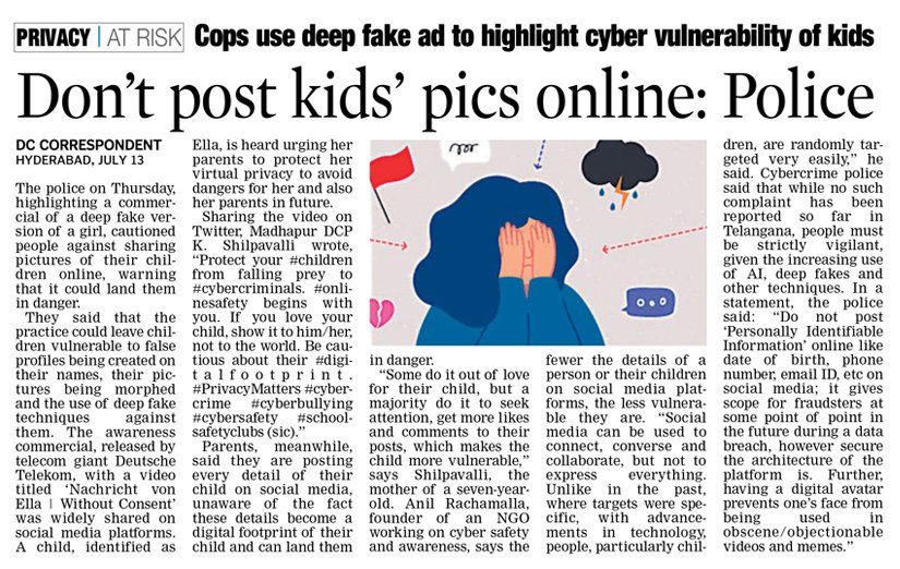 Pinto Deepak (@pintodeepakd) on Twitter photo Your child's pix posted on social media platforms can land them in grave dangers.
#ArtificialIntelligence #deepfakes #childabuse #socialmedia #children #Hyderabad <a href="/DeccanChronicle/">Deccan Chronicle</a> <a href="/oratorgreat/">Sriram Karri</a> <a href="/dcpmadhapur_cyb/">DCP Madhapur</a> <a href="/EndNowCyber/">End Now Foundation</a> @TSCSB_ <a href="/TelanganaDGP/">DGP TELANGANA POLICE</a> <a href="/Cyberdost/">CyberDost I4C</a> <a href="/IndianCERT/">CERT-In</a> <a href="/HMOIndia/">गृहमंत्री कार्यालय, HMO India</a> Your child's pix posted on social media platforms can land them in grave dangers.
#ArtificialIntelligence #deepfakes #childabuse #socialmedia #children #Hyderabad <a href="/DeccanChronicle/">Deccan Chronicle</a> <a href="/oratorgreat/">Sriram Karri</a> <a href="/dcpmadhapur_cyb/">DCP Madhapur</a> <a href="/EndNowCyber/">End Now Foundation</a> @TSCSB_ <a href="/TelanganaDGP/">DGP TELANGANA POLICE</a> <a href="/Cyberdost/">CyberDost I4C</a> <a href="/IndianCERT/">CERT-In</a> <a href="/HMOIndia/">गृहमंत्री कार्यालय, HMO India</a>