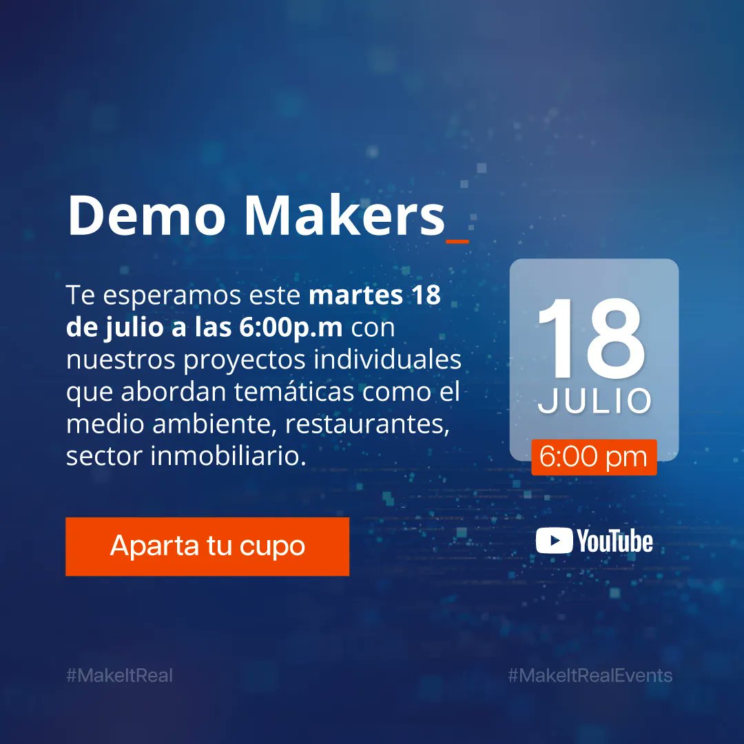 Te esperamos este martes 18 de julio a las 6:00p.m con proyectos que abordan temáticas como el medio ambiente, restaurantes, sector inmobiliario 😱

Inscríbete aquí 👉🏼 start.makeitreal.camp/events/demo-ma…

#makeitreal #makers #demomakers #developer #programacion #react #nodejs