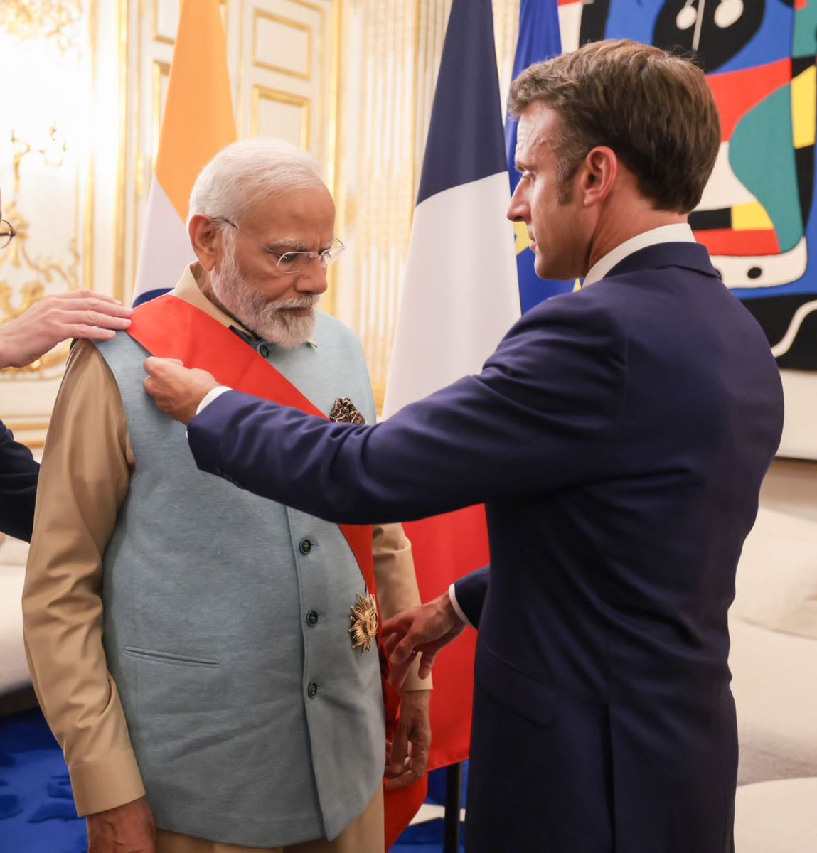 BJP4India's tweet photo. PM Shri @narendramodi conferred with the Grand Cross of the Legion of Honour, the highest award in France by President Emmanuel Macron. https://t.co/lGNLpjBB8S