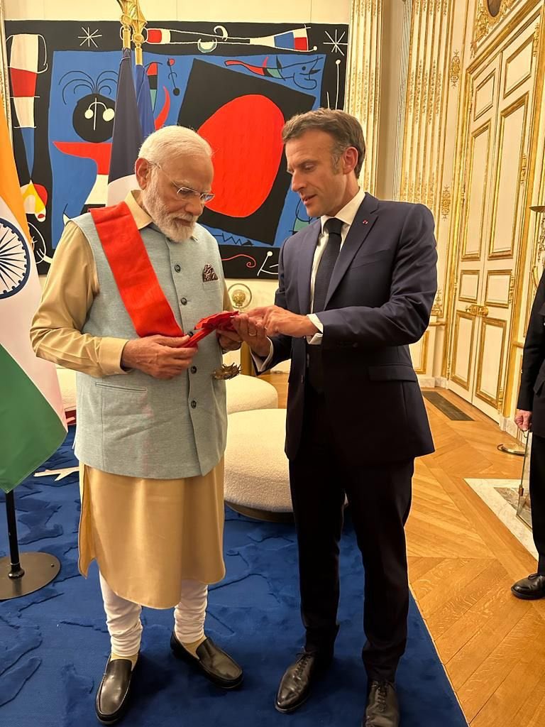 BJP4India's tweet photo. PM Shri @narendramodi conferred with the Grand Cross of the Legion of Honour, the highest award in France by President Emmanuel Macron. https://t.co/lGNLpjBB8S