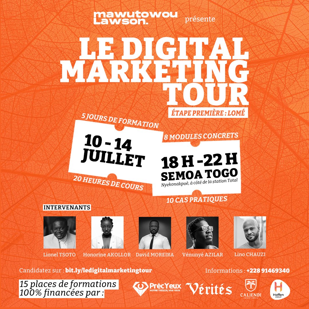 Bonjour ! 

Je suis très content de vous annoncer l'ouverture des candidatures de l'étape Lomé de mon projet "Le Digital Marketing Tour" 😅

J'ai 15 bourses complètement financées pour vous ! 🙌🏿

Vous souhaitez participer ? 
Tentez votre chance : bit.ly/ledigitalmarke…