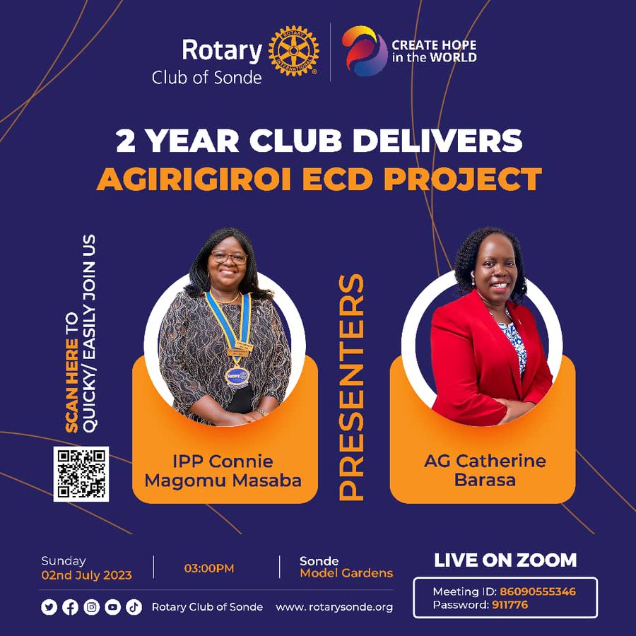 Dear Rotarians/Rotaractors/Guest, Kindly join us today as AG. Catherine Barasa Asekenye & IPP Connie Magomu Masaba talk about the club's success in the Agirigiroi ECD Project Date: Jul 2, 2023 Time: 03:00 PM Nairobi 12:00 PM GMT 05:30 PM India Time 06:00 AM Central Time, USA