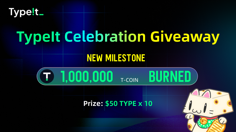 typeit_'s tweet photo. 🎉🎉 Milestone Achievement Alert! 🎉🎉

🚀We're thrilled to announce that the consumption of TypeIt's T-Coins has officially surpassed 1 million!

💛♥️ &amp; RT
💚Tag your friends
💙Tweet with #typeit &amp; #type2earn
🎁$50 TYPE x 10
⏰3 days
👇Fill in the form
https://t.co/s9g3WBVWCe https://t.co/HDxwj0BVj9