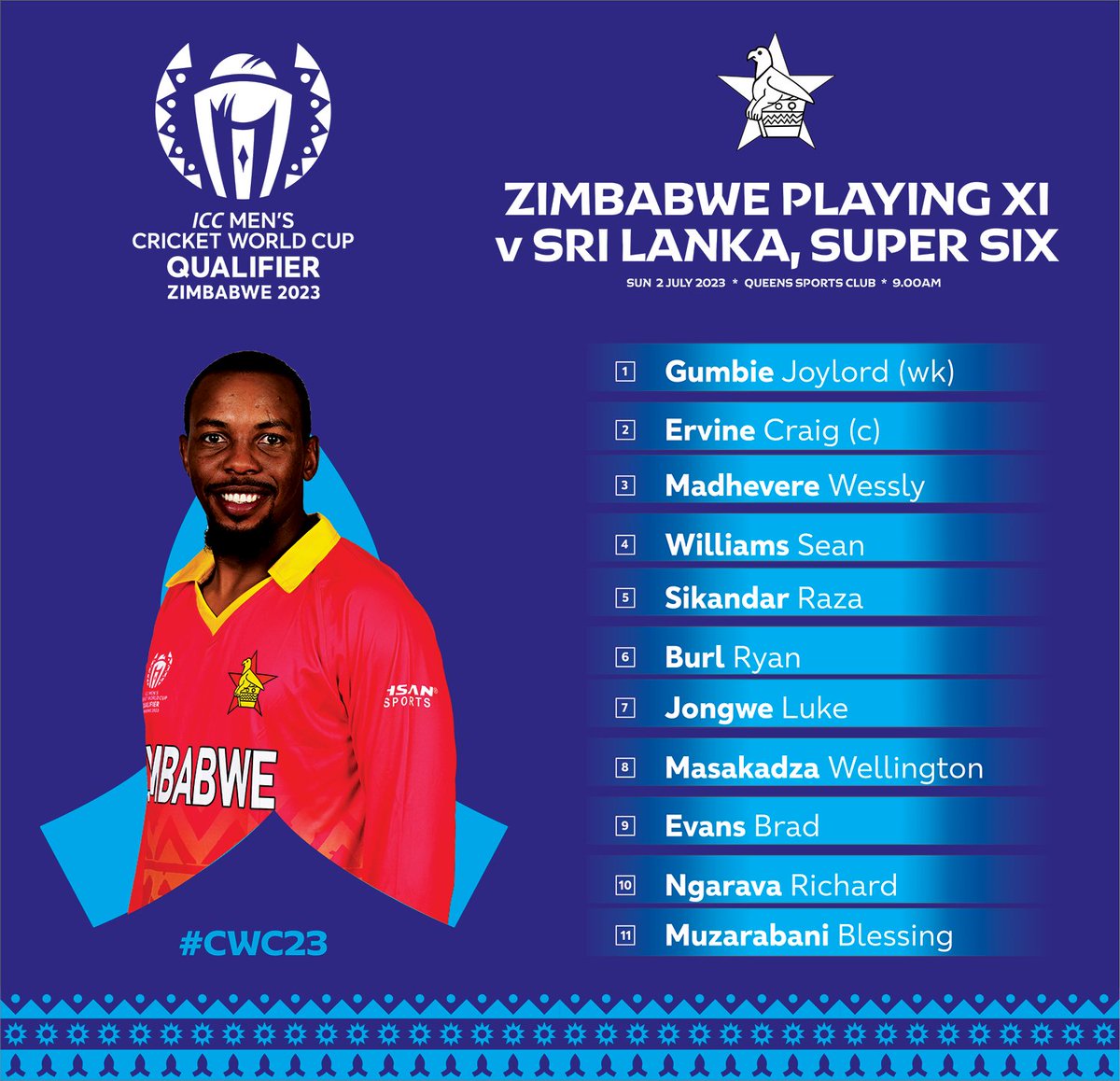 Zimbabwe Playing XI:

There's one change as Brad Evans comes in for Tendai Chatara

📝: bit.ly/3NBAj6z
 
 #ZIMvSL | #CWC23