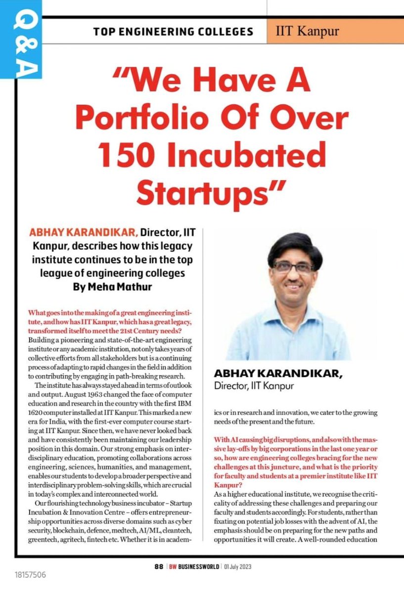 karandi65's tweet photo. In the #NIRF 2023 rankings, @IITKanpur has emerged as the top institution in the Innovation category, reflecting its remarkable progress in nurturing an innovative ecosystem. In an exclusive interview with Meha Mathur from @BWBusinessworld, we explore into the insights behind IIT Kanpur's substantial growth in the realm of innovation over recent years.