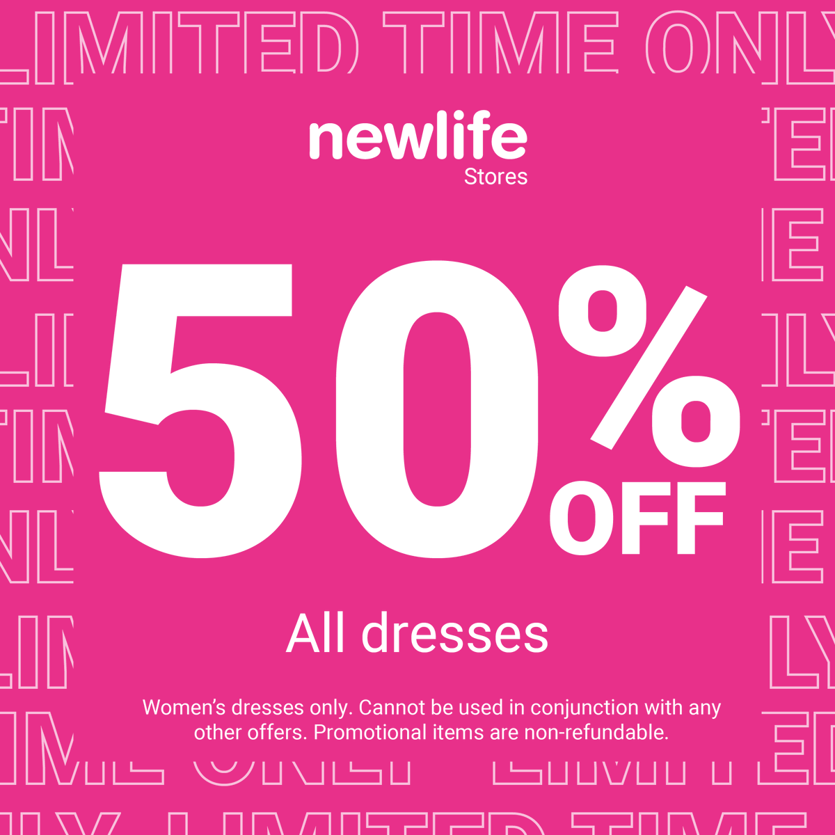 🚨50% OFF ALL DRESSES 🚨

We're celebrating the warmer weather with half-price dresses in all Newlife Fashion stores! Hurry... limited time only

🛒In-store online, find your nearest Newlife fashion store here newlifeonline.co.uk/pages/our-stor…

 For full T&amp;Cs, please visit the link above.