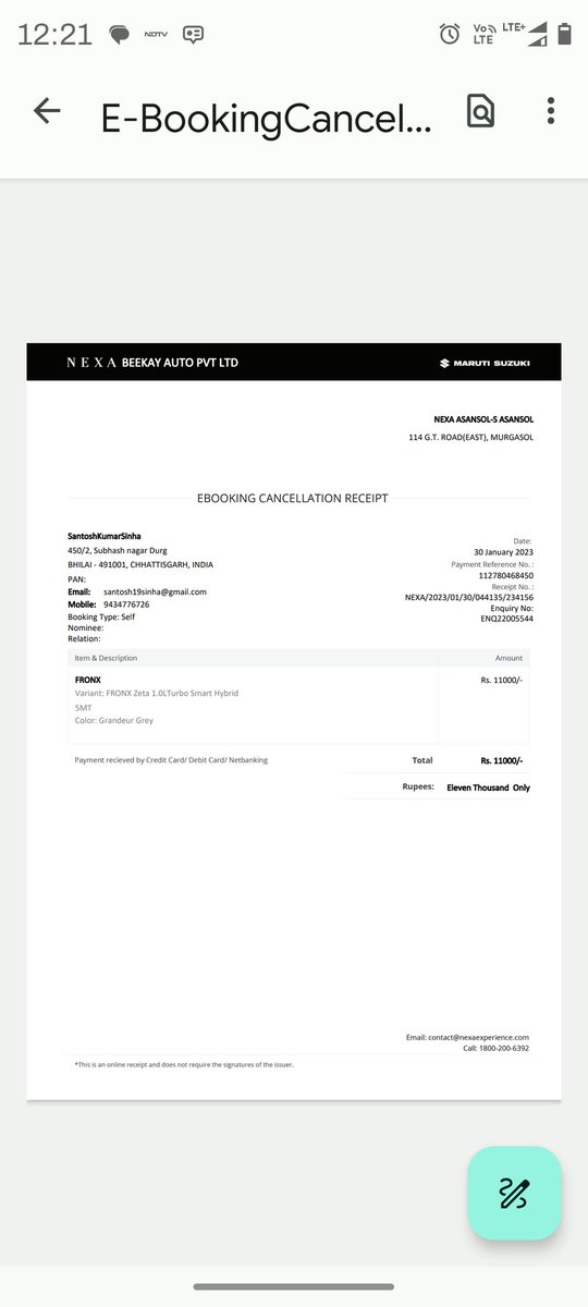 santosh19sinha's tweet photo. @NexaExperience I was booked two nos Fronx @110000 on 30. &amp; 31.01.23 and cancelled both on  01.02.23 and 27.06.23 respectively but refund of both still pending. Booking and cancellation docs mailed &amp; attached.
Kindly look in matter and refund amount.
Regards
SK Sinha
9434776726 https://t.co/HNmXvC3ivr