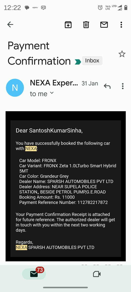 santosh19sinha's tweet photo. @NexaExperience I was booked two nos Fronx @110000 on 30. &amp; 31.01.23 and cancelled both on  01.02.23 and 27.06.23 respectively but refund of both still pending. Booking and cancellation docs mailed &amp; attached.
Kindly look in matter and refund amount.
Regards
SK Sinha
9434776726 https://t.co/HNmXvC3ivr