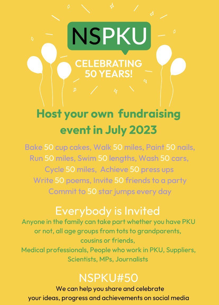 NSPKU's tweet photo. #NSPKU50 activities continue!
Get going w fundraising this month!
Do 50 *your*way to raise money for us!
Collect £50 in 50 x £1 coins from people you know….
Bake &amp; sell 50 cakes….
Run, walk or swim 50 km or 50 miles….
What can YOU DO??? https://t.co/g8goezqkVH