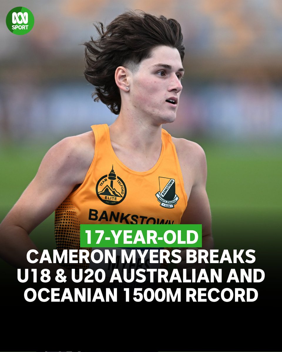 abcsport's tweet image. 🏃😲 Another record for Cameron Myers!

🇦🇺 The Aussie 17-year-old has broken his own Australian and Oceanian Under 18 and Under 20 1500m, running with 3:35.88 in France overnight.

Myers previously broke through Ryan Gregson's record just two weeks after his birthday last month.
