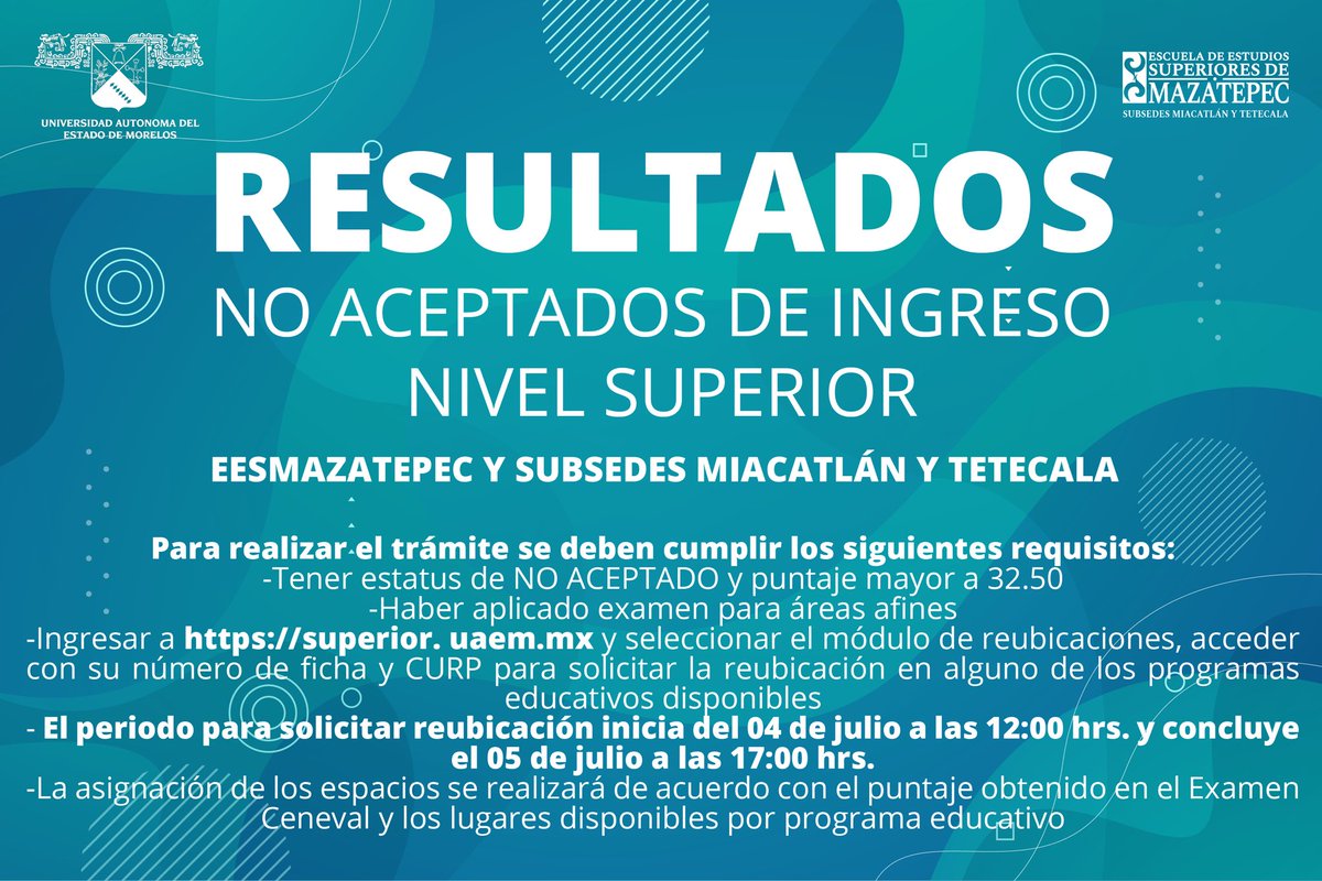 UAEMMazatepec's tweet photo. RESULTADOS DE NO ACEPTADOS A LA EESMAZATEPEC Y SUBSEDES MIACATLÁN Y TETECALA https://t.co/RtRDEDmhCn