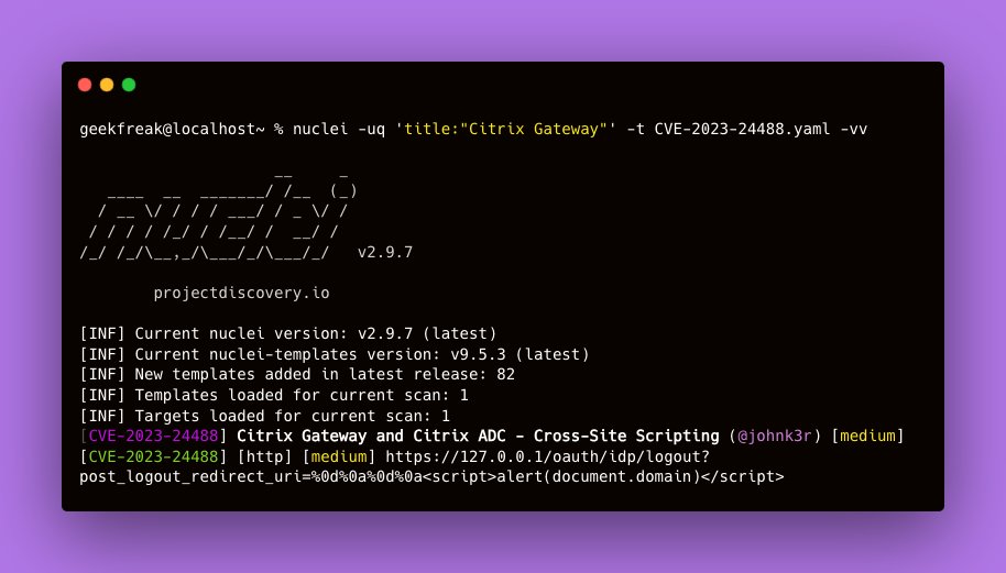 thecyberneh's tweet image. CVE-2023-24488 - Citrix Gateway and Citrix ADC - Cross-Site Scripting vulnerability
By @assetnote Team

Nuclei Template by @johnk3r

github.com/projectdiscove…

#hackwithautomation #bugbounty #pdteam #CVE #cve2023