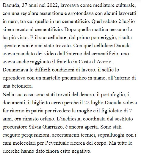 Un anno fa la scomparsa di Daouda Diane, mediatore culturale della Costa d'Avorio.

Scomparso dopo aver girato due video in un cementificio nel Ragusano. Da allora non si sa più nulla.

La procura indaga per omicidio e occultamento di cadavere.

#2luglio

ilpost.it/2022/12/05/dao…