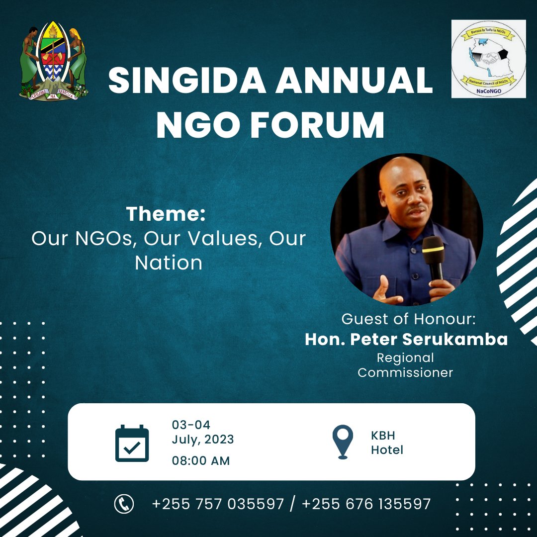 ReDOTanzania's tweet photo. One day to go.
#SingidaAnnualNGOsForum2023
Theme: Our NGOs, Our Values, Our Nation
Meet the invited guests.
#Singida #NGOs #NGOsForum #NaCoNGO #Azaki
@maendeleoyajami @nacongotz @rcsingida @THRDCOALITION @EstlTanzania @pjserukamba https://t.co/3EheNt7FVd