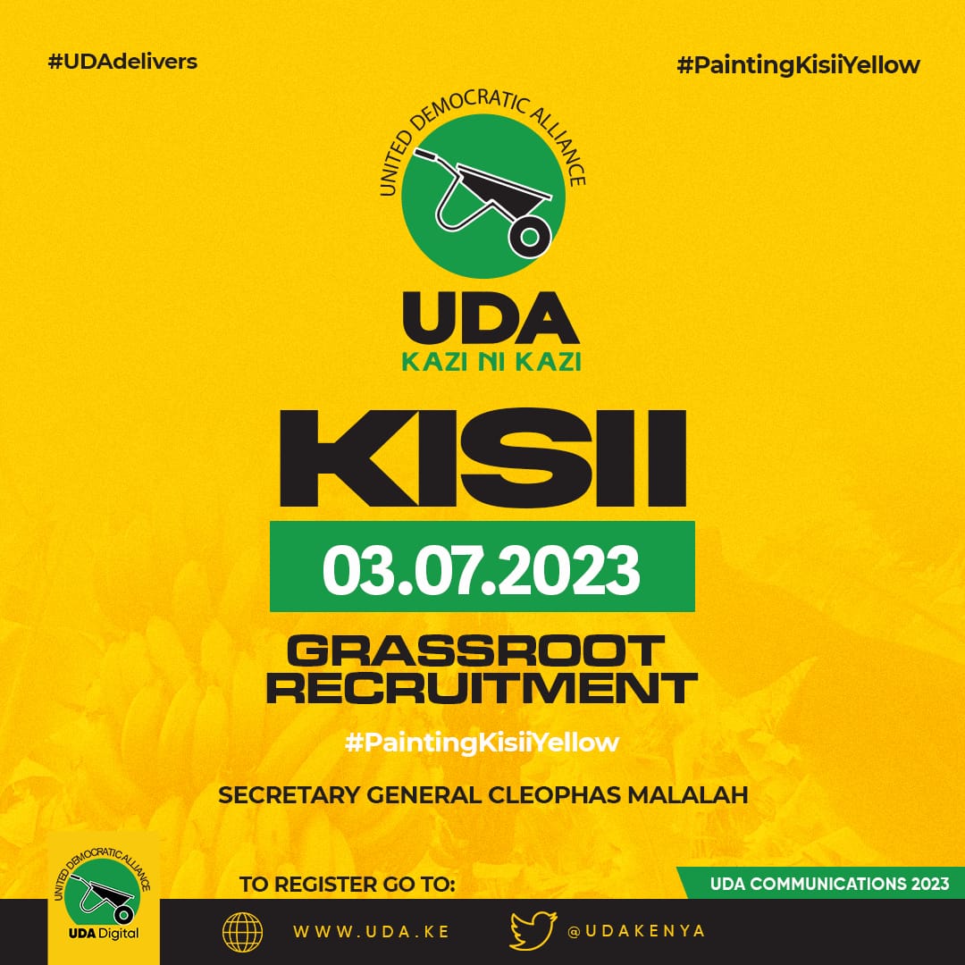 Cleophasmalala's tweet photo. UDA Party-Kisii Delegates meeting &amp; member recruitment drive #KaziNiKazi https://t.co/x10Bjpgwg8