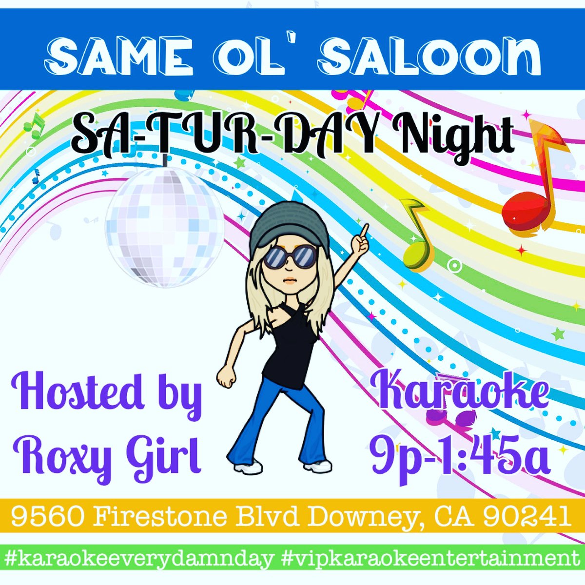 ThatRoxyGirl13's tweet photo. Who’s ready for the Saturday Night Karaoke Extravaganza with Roxy Girl?!🪩🕺🏼💃🏼
2nd Happy Hour 9p-11p
Karaoke 9p-1:45a. 
#epicwillhappen 

(21+ Cash Only, ATM available)

#vipkaraoke #meetup #SameOlSaloon #MatthewGivensSentMe #LAKaraokeAssociation #karaokeeverydamnday https://t.co/4v4zaqIlB3