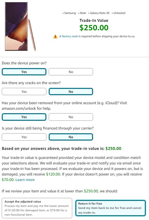 glitchtoriches's tweet photo. AMAZON TRADE IN PROGRAM

Choose Cell Phone "Samsung Galaxy Note 20”

Buy Galaxy Note 20s for LESS THAN $250 &amp; process the trade in yourself.

https://t.co/3J1ppYB4nf

check the status of your Amazon trade-in:
https://t.co/vP7yY3N5g3 https://t.co/yrXmL84ieq