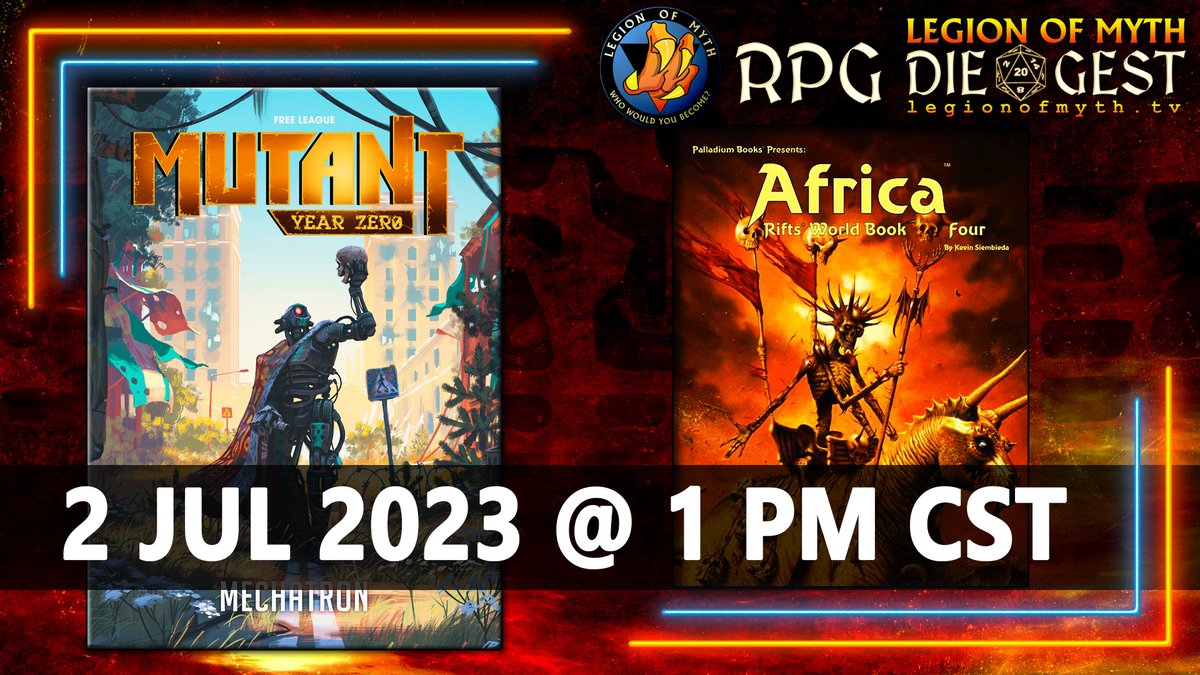 legionofmyth's tweet photo. SUNDAY @ 1PM CST on 🐲 RPG DIE GEST 🐉
1️⃣ MUTANT: Mechatron - Introduction
2️⃣ Rifts World Book 4: Africa
3️⃣ YouTube comments & Open mic
👉 YouTube: https://t.co/tw3LKmBPmi
👉 Rumble: https://t.co/PoUU6JxSLZ
#MUTANTMechatron #Mechatron #TTRPG #Rifts #PalladiumBooks #Africa #Robots #OSR #RPG
