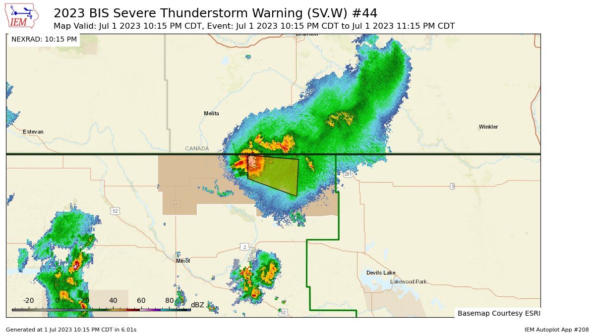 EASAlerts's tweet photo. BIS issues Severe Thunderstorm Warning [wind: 60 MPH (RADAR INDICATED), hail: 1.00 IN (RADAR INDICATED)] for Bottineau, Rolette [ND] till Jul 1, 11:15 PM CDT https://t.co/n1IKk8O6Z4 https://t.co/gRJ1PzlCBn