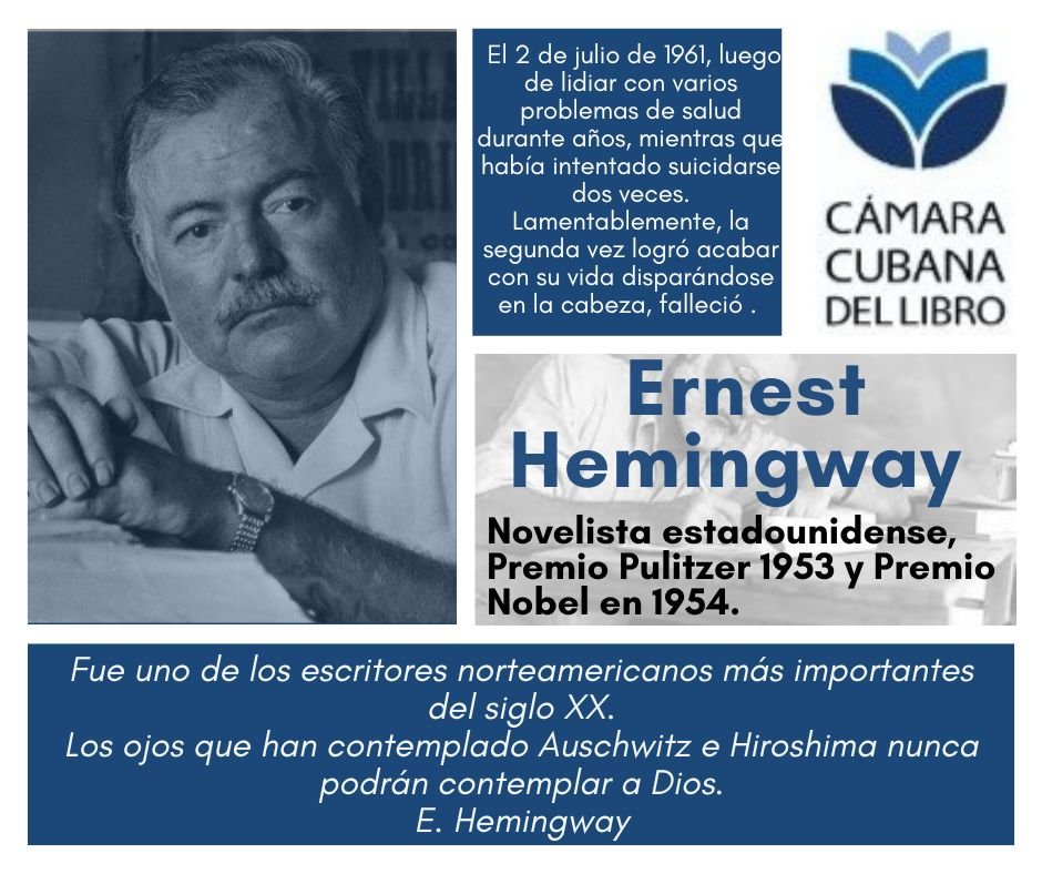 #CCLRecuerda| A Ernest Hemingway, novelista estadounidense, Premio Pulitzer 1953 y Premio Nobel en 1954. 

✍️ Autor de novelas📖 como “El viejo y el mar”, “Fiesta”, “Adiós a las armas”, “Por quién doblan las campanas” o “París era una fiesta”.#LeerEsCrecer #CámaraCubanaDelLibro