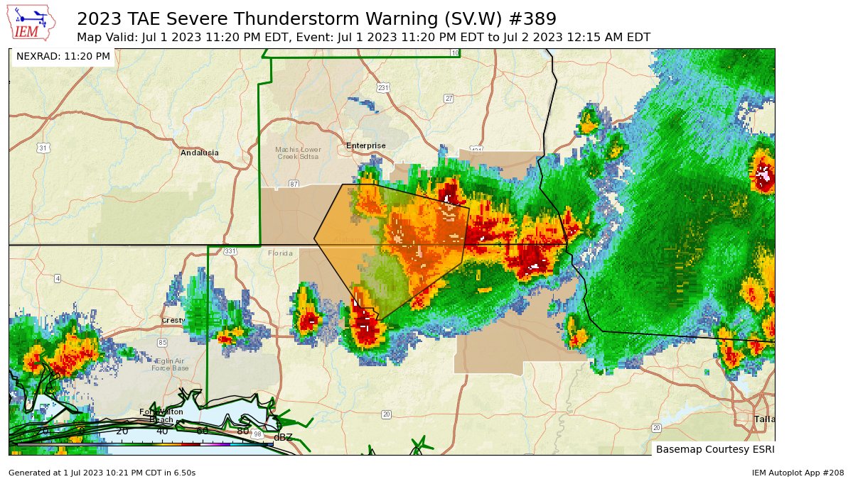 EASAlerts's tweet photo. TAE issues Severe Thunderstorm Warning [wind: 60 MPH (RADAR INDICATED), hail: <.75 IN (RADAR INDICATED)] for Geneva, Houston [AL] and Holmes, Jackson [FL] till 11:15 PM CDT https://t.co/CiwbAieJBJ https://t.co/GonTHQuRKH