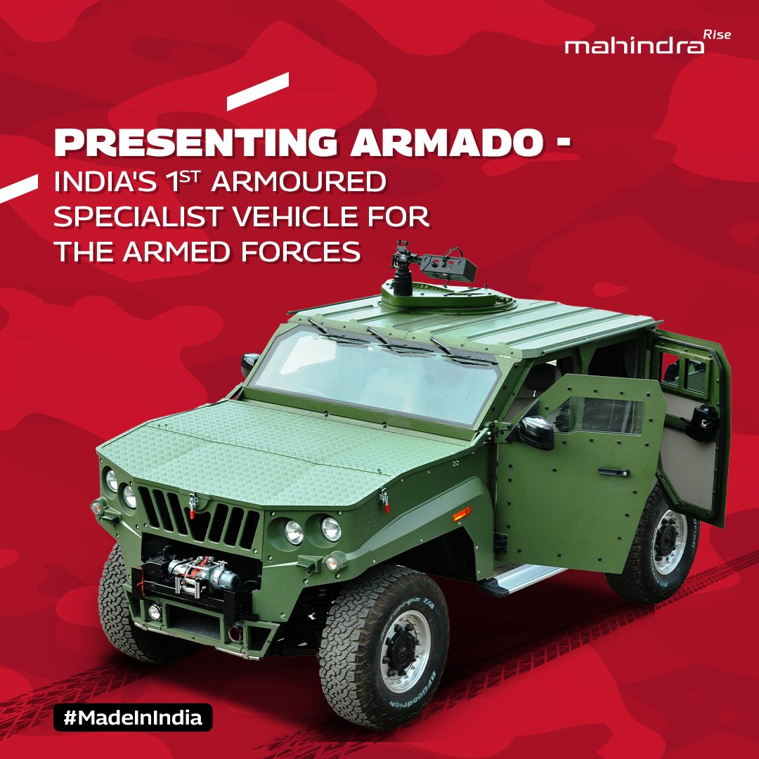 '🇮🇳 Celebrating Mahindra Defence Systems Ltd.! Congrats on Armado, India's 1st Armoured Specialist Vehicle . A testament to innovation and commitment to our armed forces. Kudos to @MahindraDefence for contributing to India's growth! #MakeInIndia #DefenceExcellence 🙌'