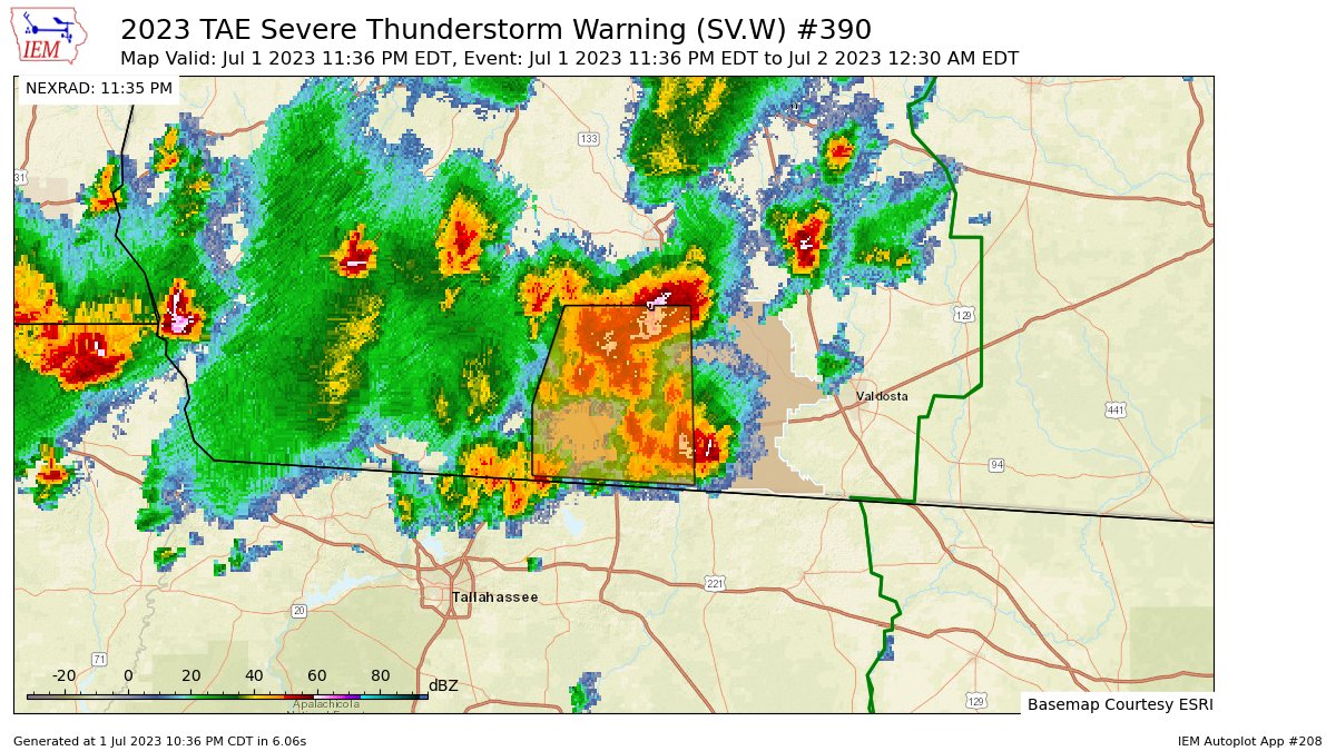 EASAlerts's tweet photo. TAE issues Severe Thunderstorm Warning [wind: 60 MPH (RADAR INDICATED), hail: <.75 IN (RADAR INDICATED)] for Brooks, Thomas [GA] till 12:30 AM EDT https://t.co/itHdzH48YD https://t.co/dluErV8g1T