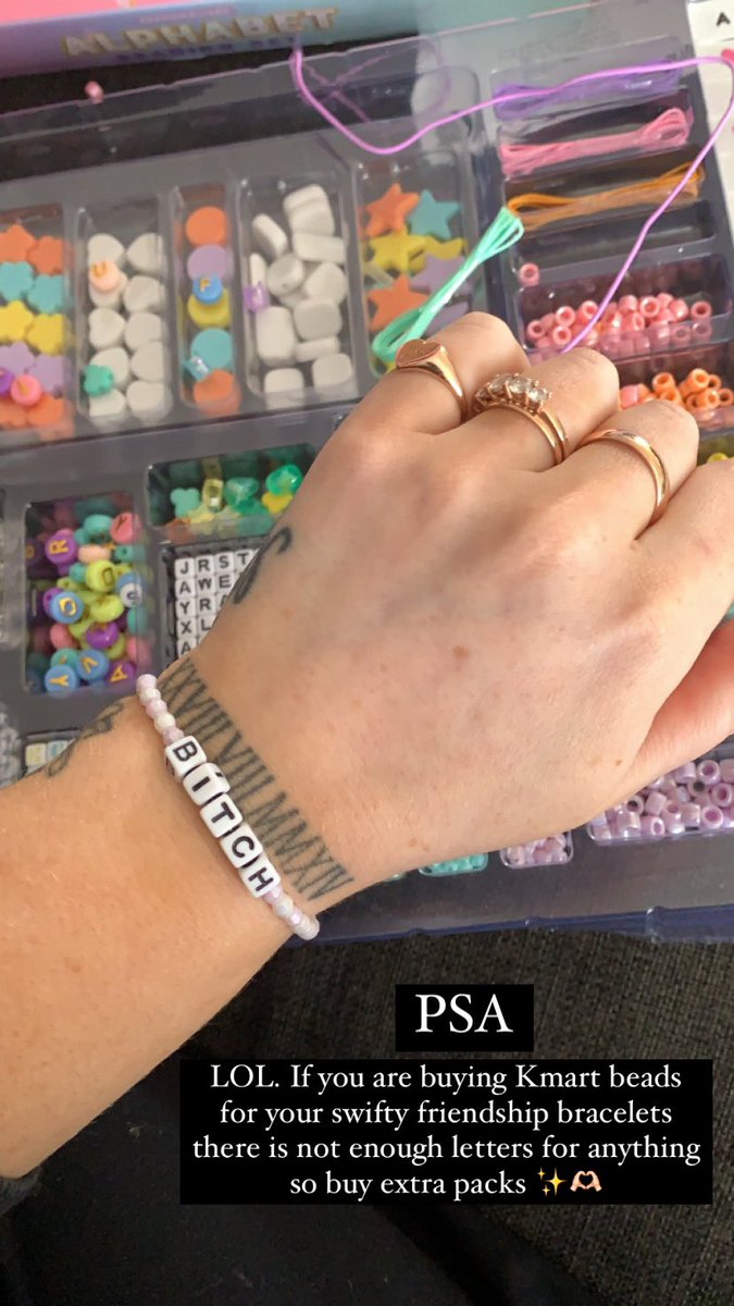 brodielee's tweet photo. @Kmart  why is there not enough letters in your packs in the whole style like ffs I couldn’t even spell ‘afterglow’ so now I have bracelet that says bitch (I threw a tantrum) https://t.co/krRkUEl2q7